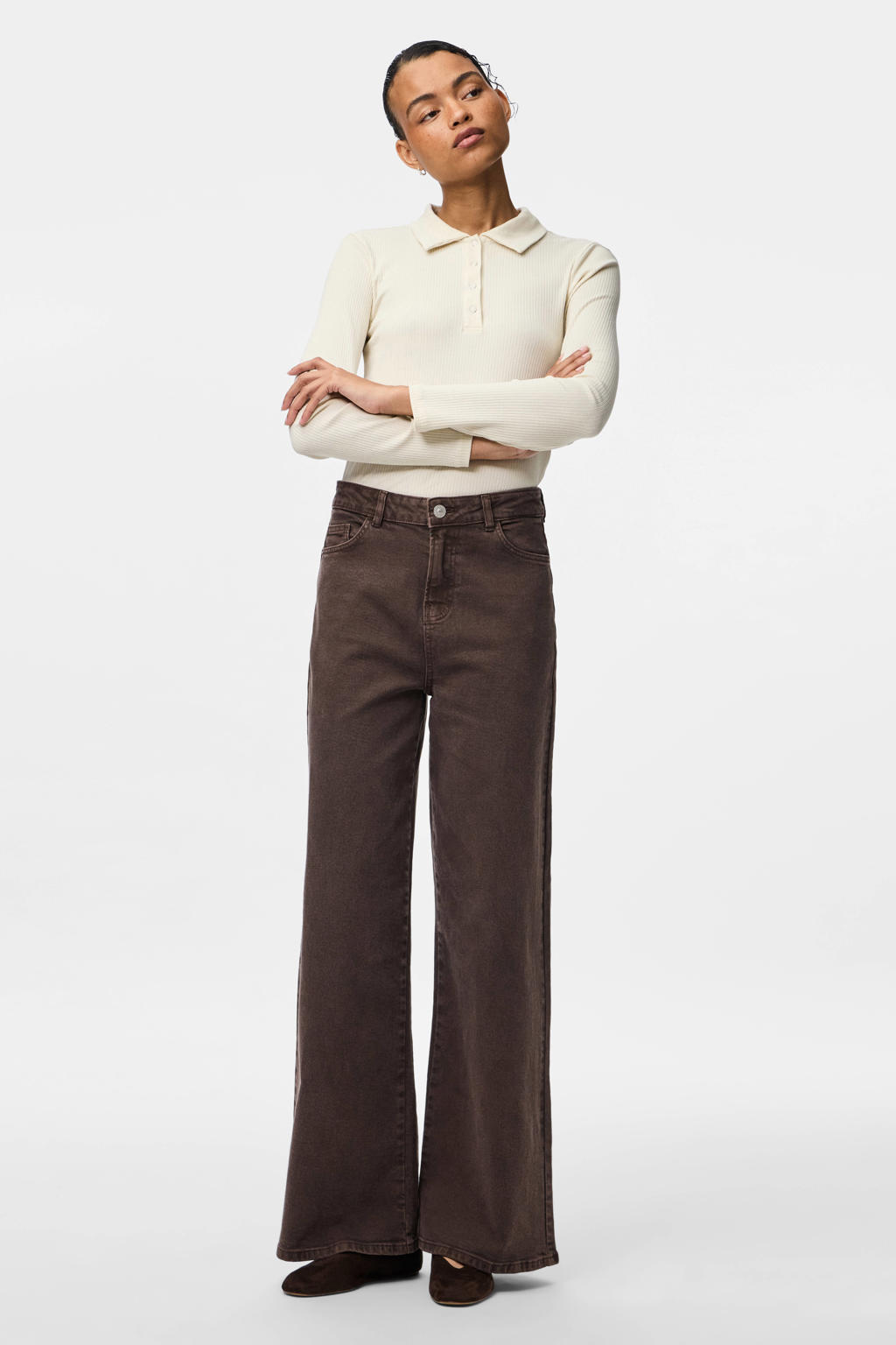 Bruine dames PIECES high waist wide leg jeans van denim met rits- en knoopsluiting en effen