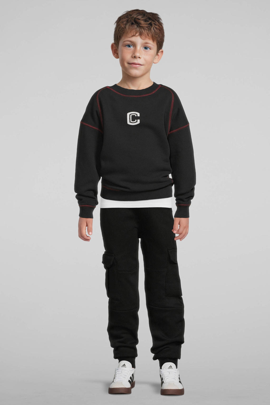 Grijze jongens Coolcat oversized fleece sweater logo Scott met lange mouwen en ronde hals