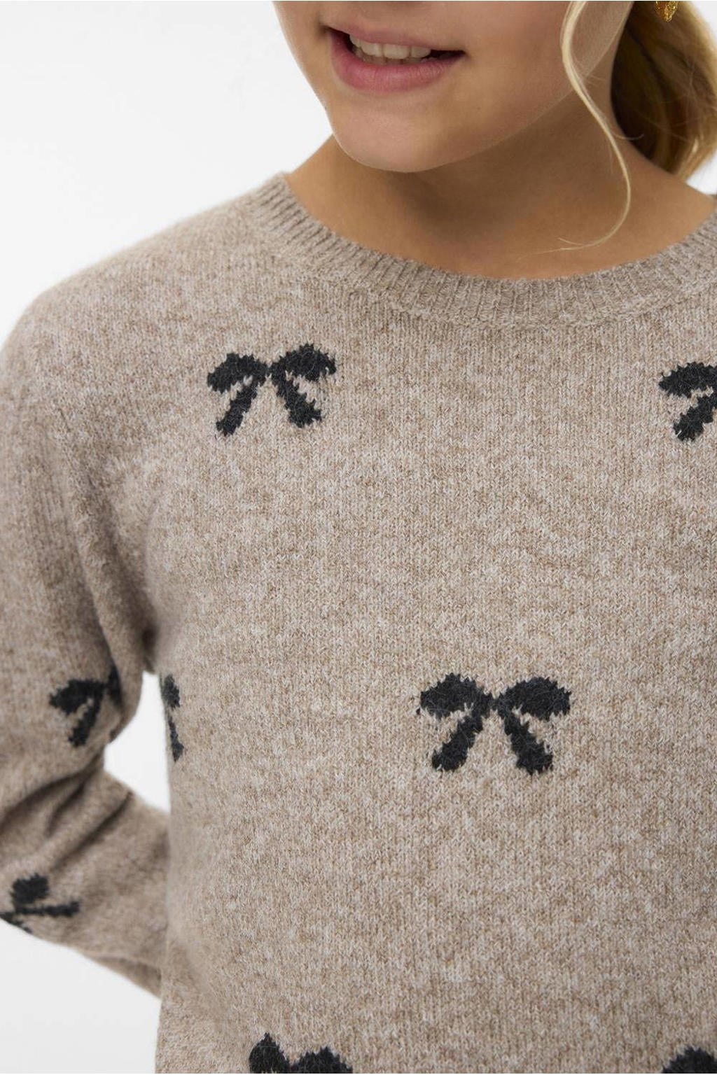 Zand en zwarte meisjes VERO MODA GIRL trui fijn gebreid van polyester met lange mouwen en ronde hals