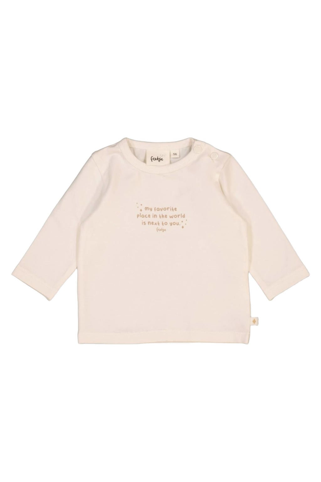 Witte jongens en meisjes Feetje longsleeve van stretchkatoen met tekst print, lange mouwen, ronde hals en drukknoopsluiting