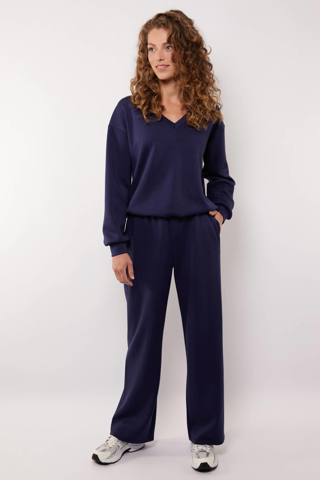 Donkerblauwe dames G-maxx X Froukje wide leg regular waist casual broek met effen