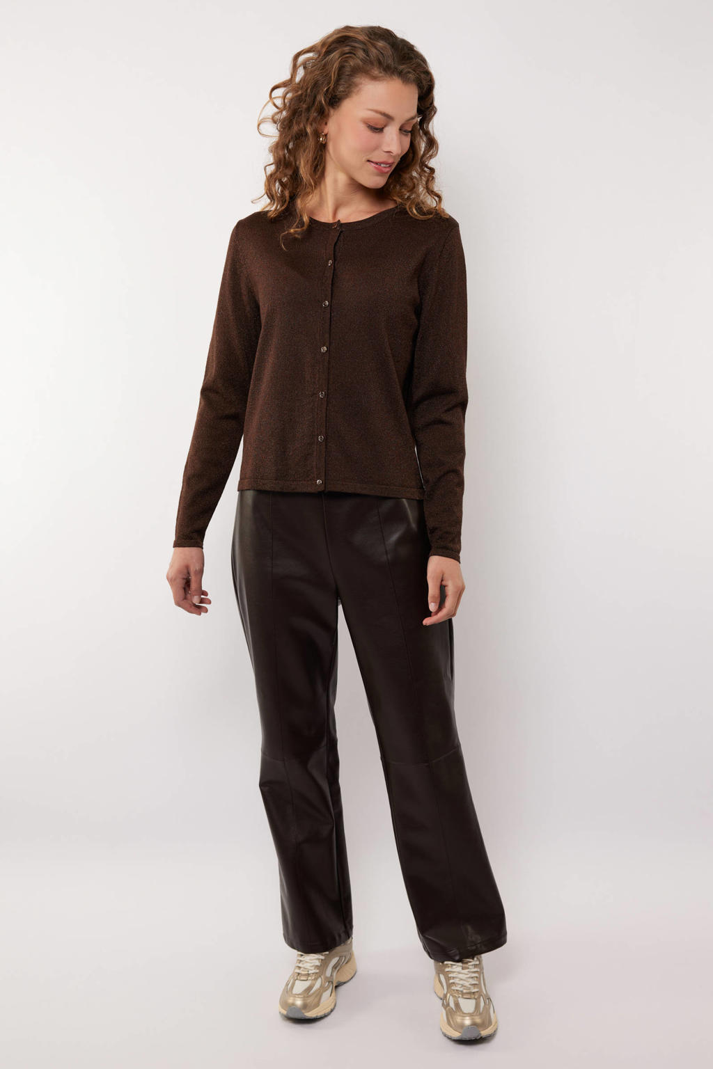 Donkerblauwe dames G-maxx X Froukje imitatieleren straight regular waist coated broek met elastische tailleband