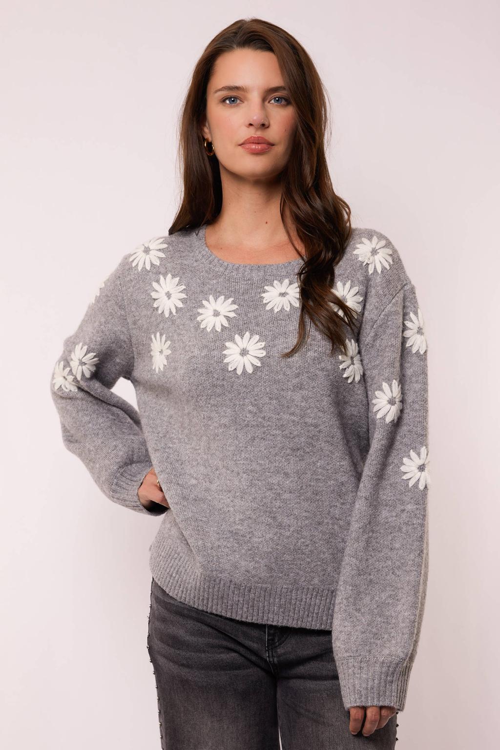 Grijze dames G-maxx gebloemde trui gebreid van polyester met lange mouwen en ronde hals