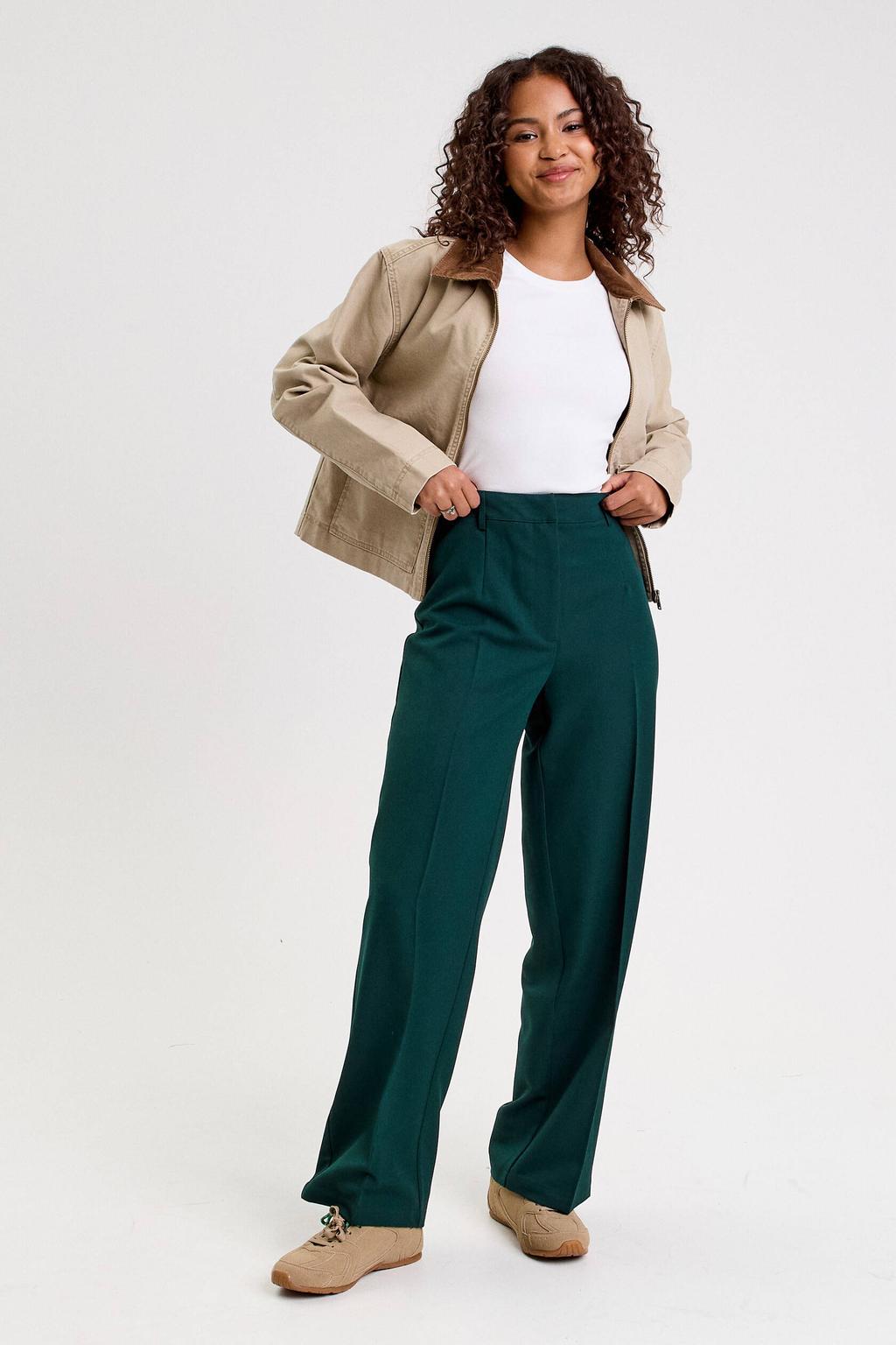 Donkergroene dames Cache Cache barrel high waist pantalon van polyester met rits- en knoopsluiting en effen