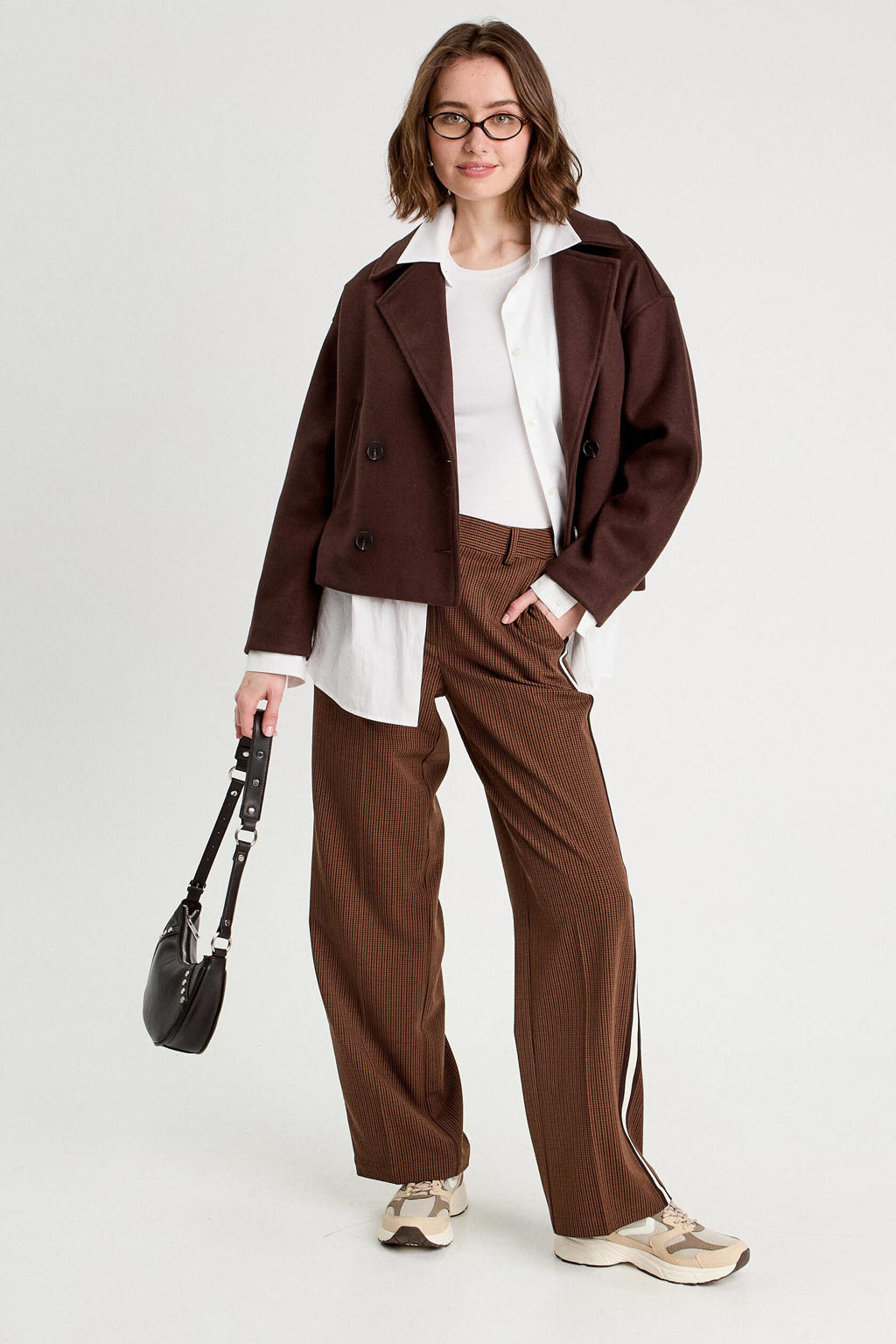 Bruine dames Cache Cache straight high waist broek van viscose met rits- en haaksluiting en strepenprint
