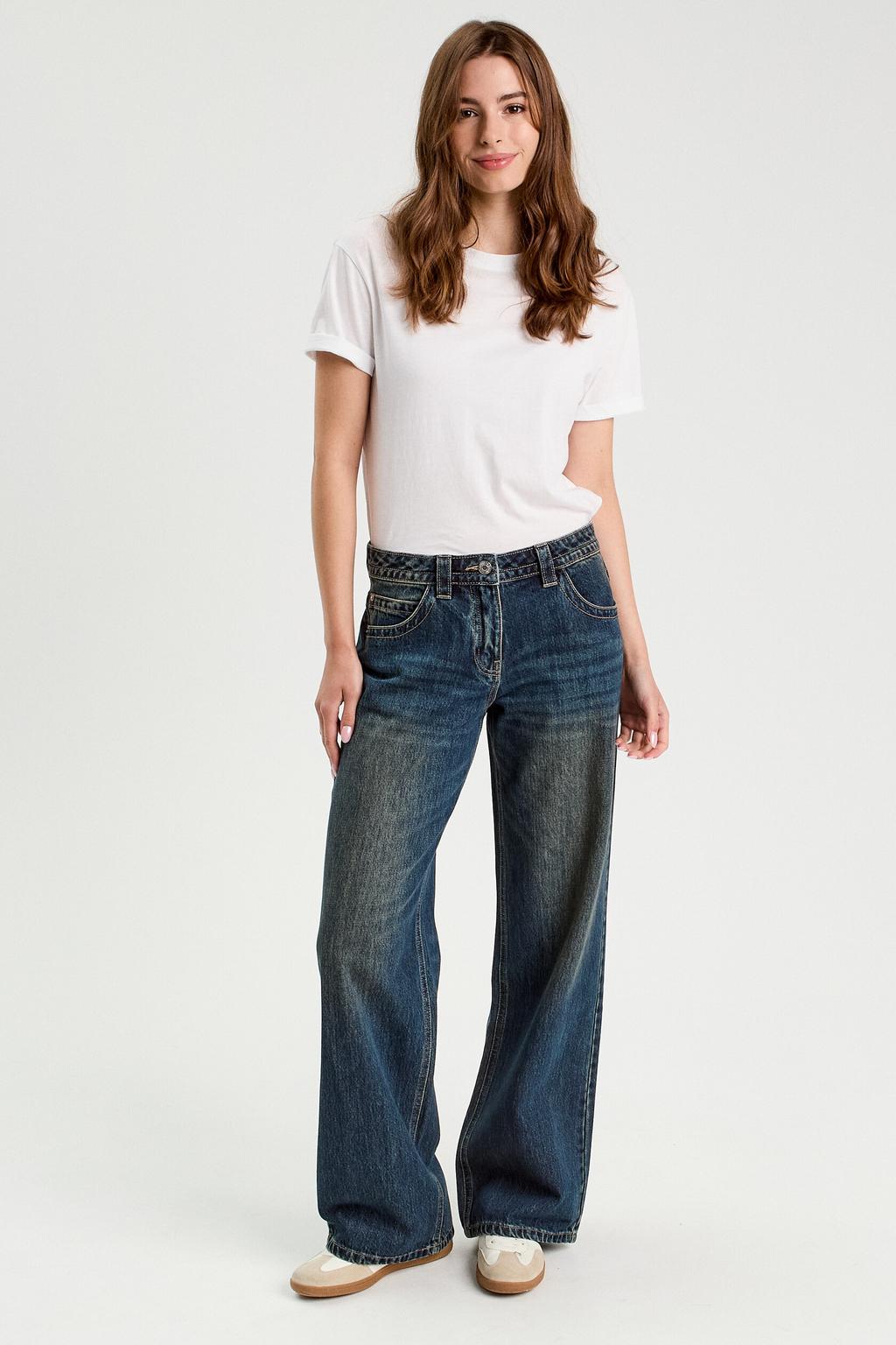 Dark blue denim dames Cache Cache wide leg jeans dark blue van denim met rits- en knoopsluiting en effen