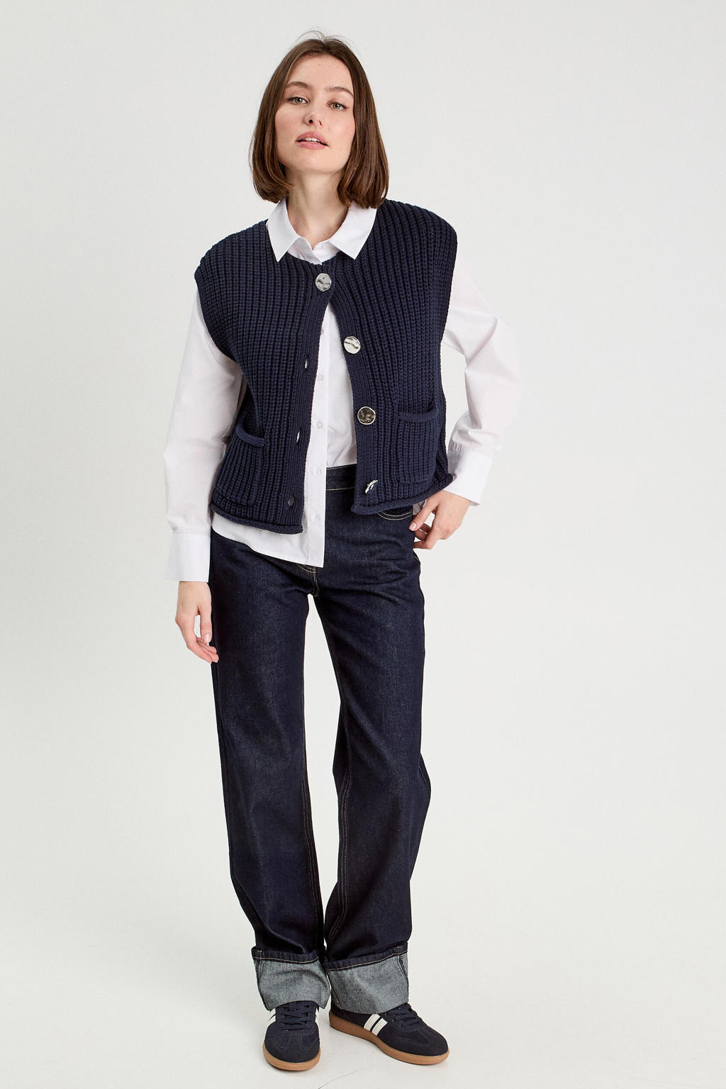 Marineblauw dames Cache Cache gilet blauw van katoen met effen, ronde hals en knoopsluiting
