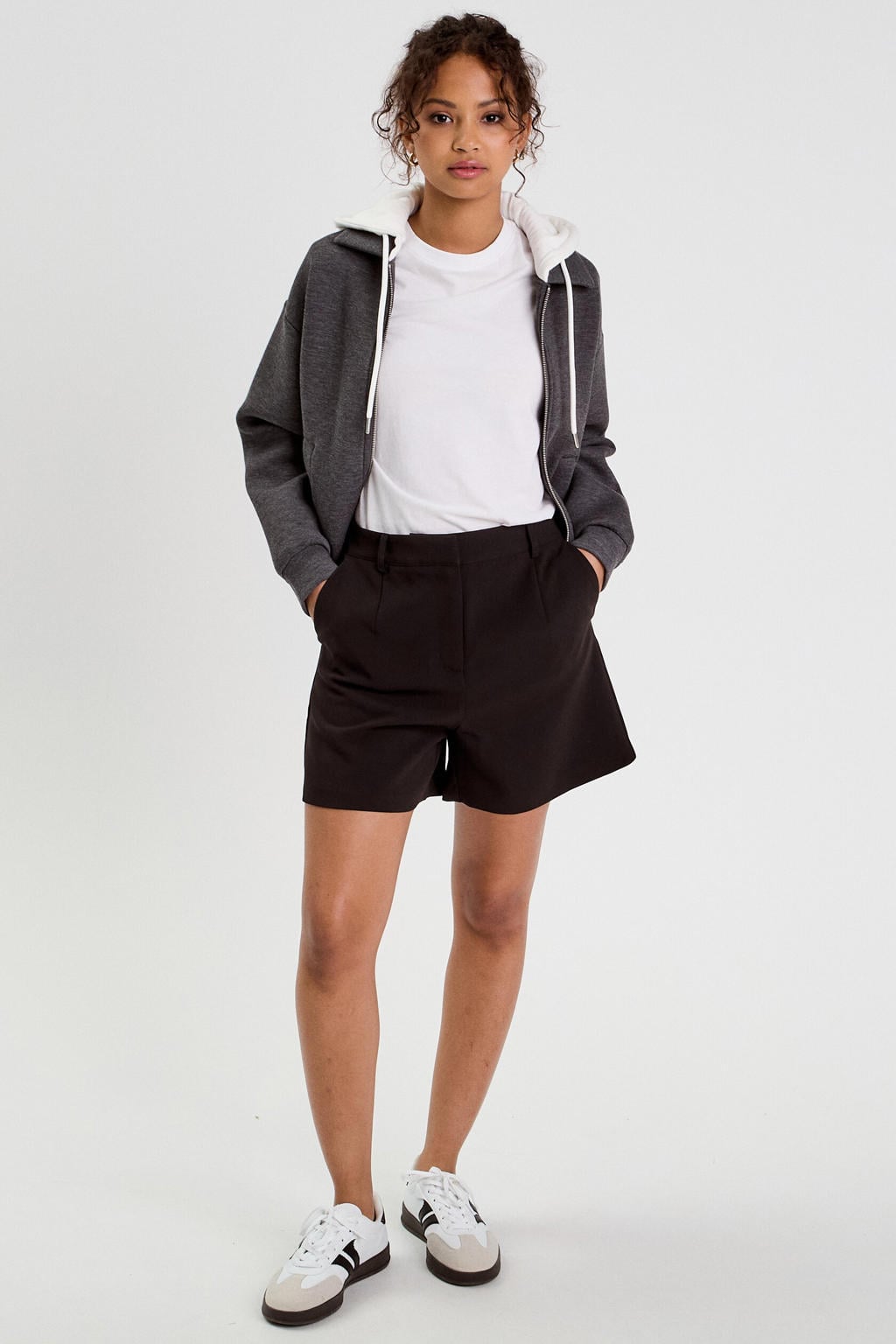 Zwarte dames Cache Cache wide leg high waist casual short met rits- en drukknoopsluiting en effen