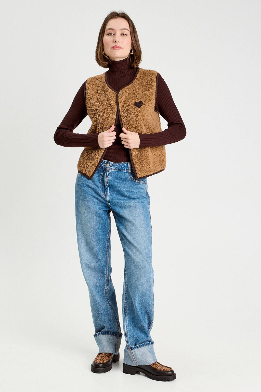 Roodbruine dames Cache Cache coltrui bruin van viscose met effen, lange mouwen en opstaande kraag