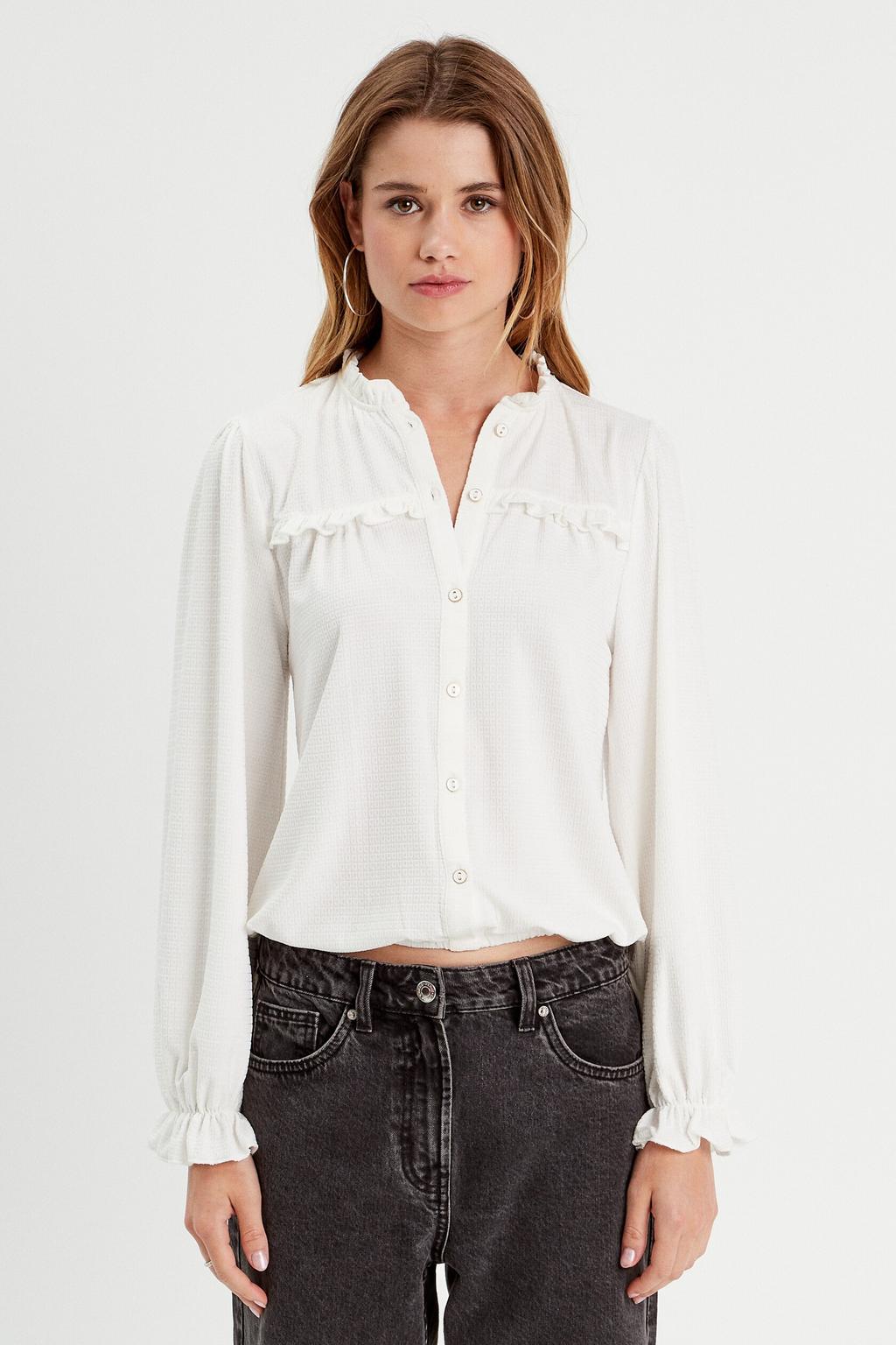 Ecru dames Cache Cache blouse van polyester met effen, lange mouwen, klassieke kraag, knoopsluiting en ruches