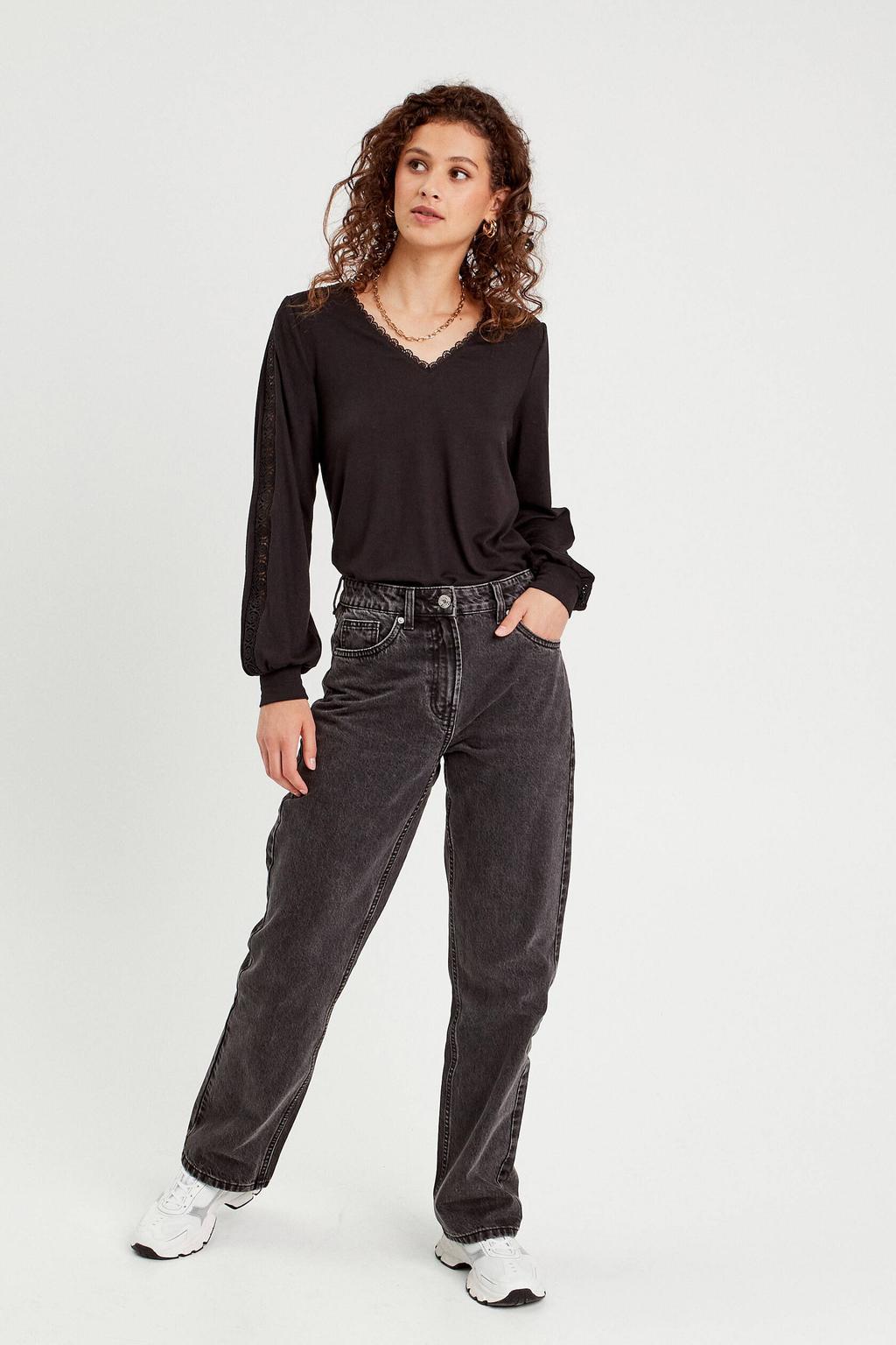 Zwarte dames Cache Cache top van polyester met effen, lange mouwen en V-hals