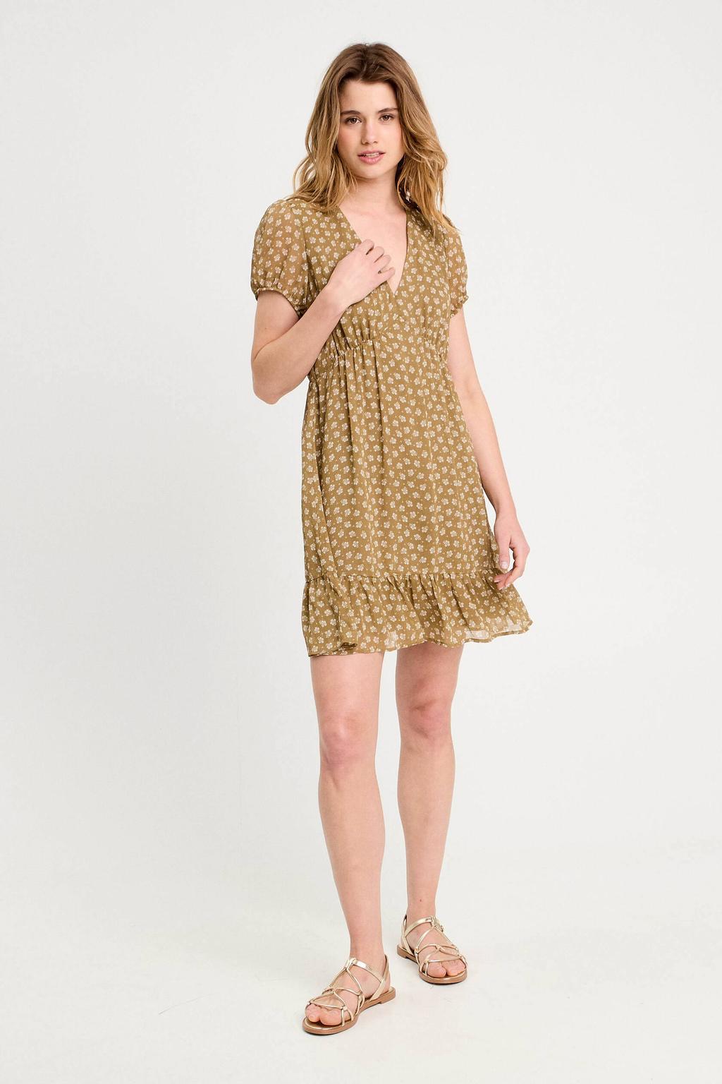 Olijfgroene dames Cache Cache zomerjurk van polyester met korte mouwen, V-hals en plooien