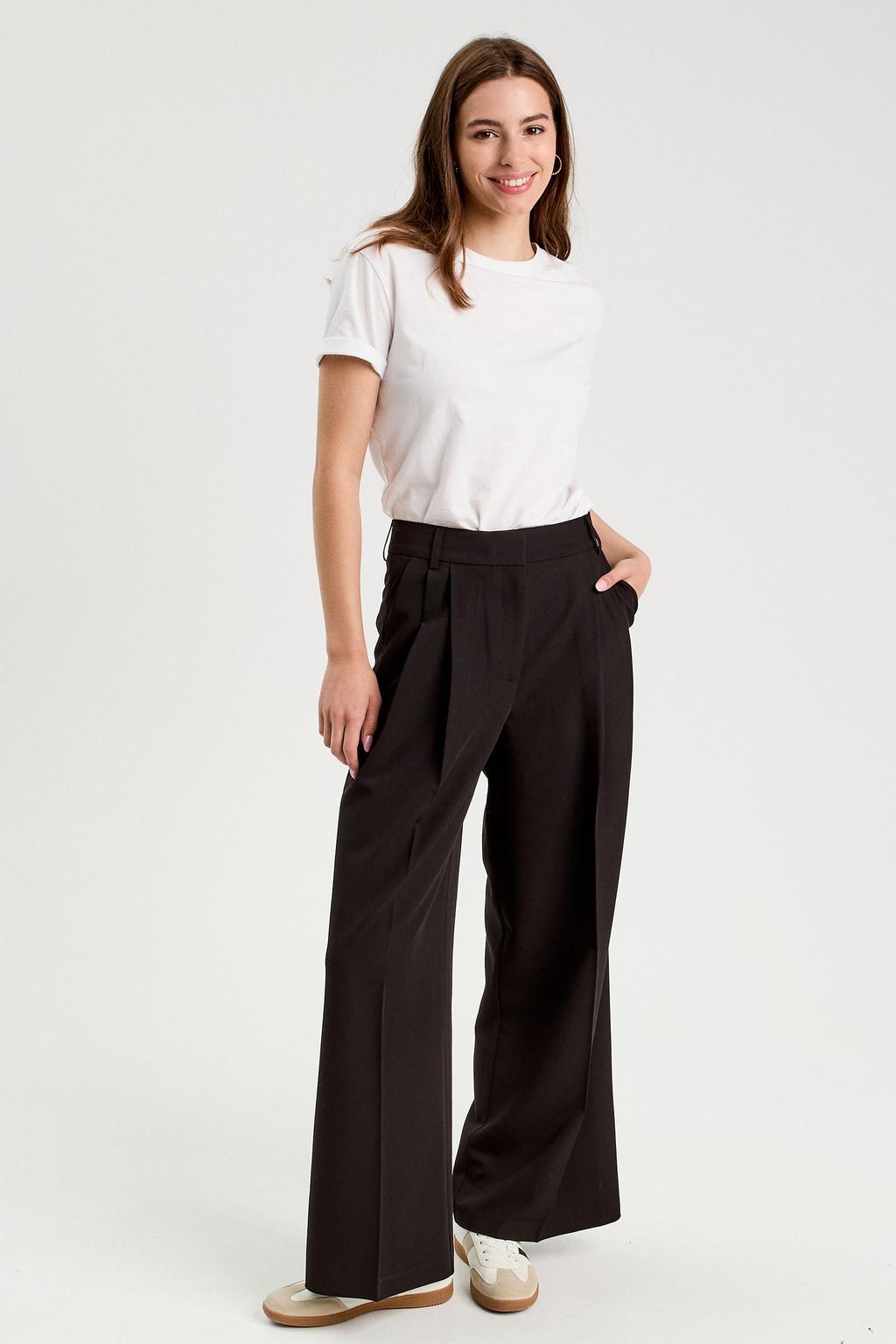 Zwarte dames Cache Cache wide leg high waist pantalon met rits- en knoopsluiting en effen