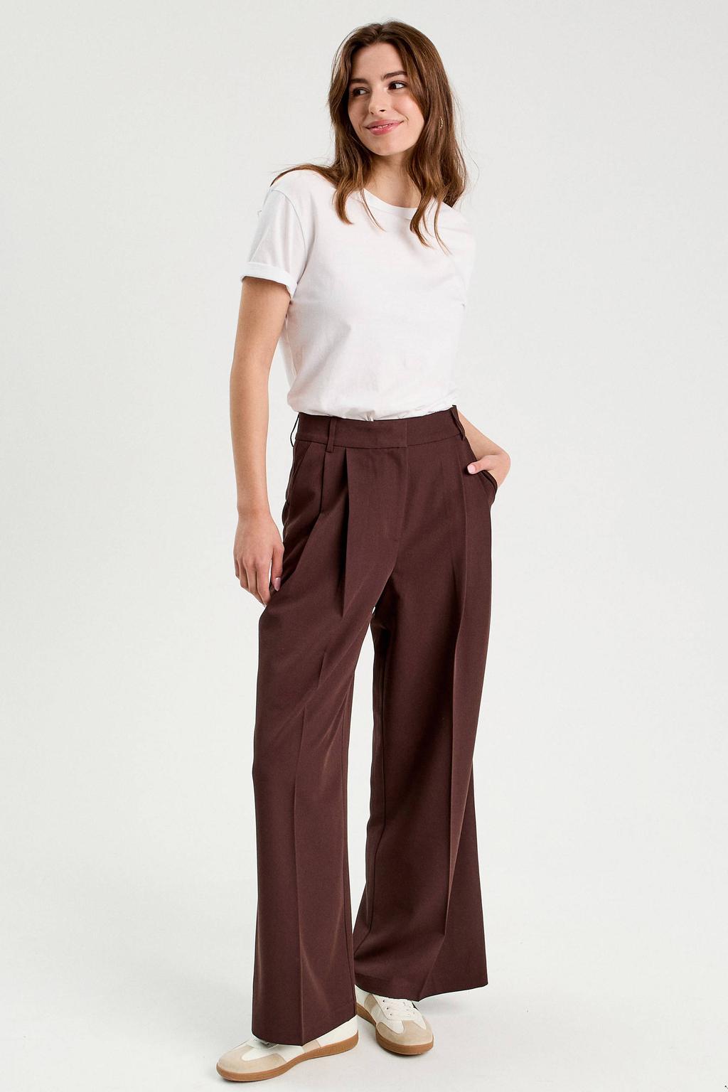 Donkerblauwe dames Cache Cache wide leg high waist pantalon met rits- en knoopsluiting en effen