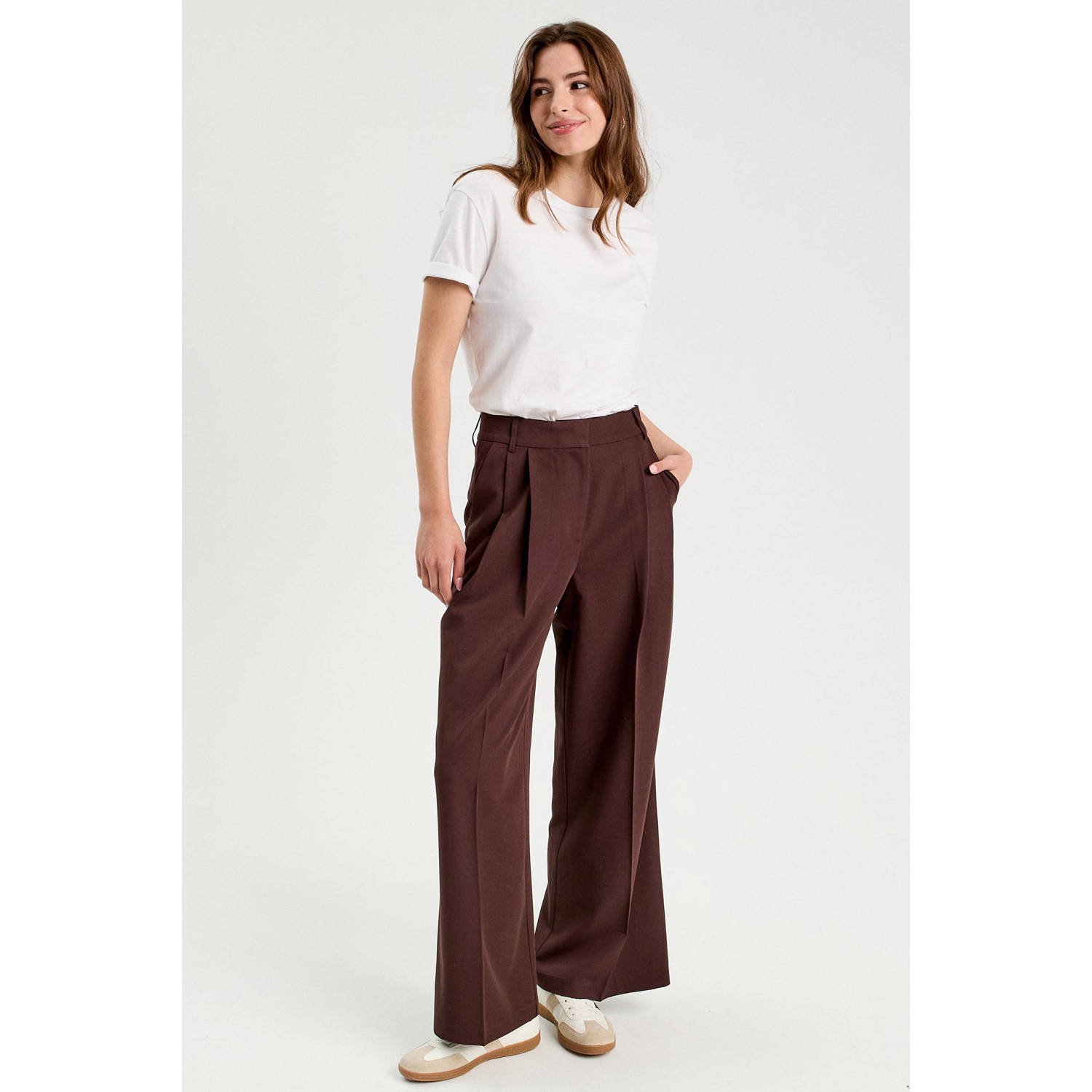 Cache wide leg high waist pantalon donkerbruin