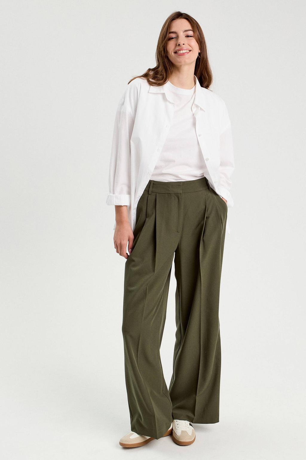 Donkergroene dames Cache Cache wide leg high waist pantalon met rits- en knoopsluiting en effen