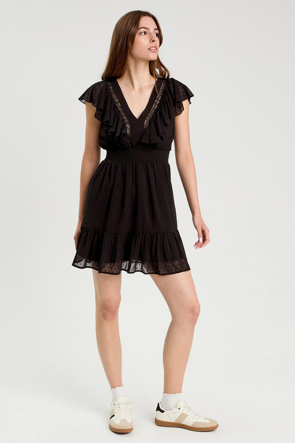 Zwarte dames Cache Cache jurk van polyester met effen, korte mouwen, V-hals en kant