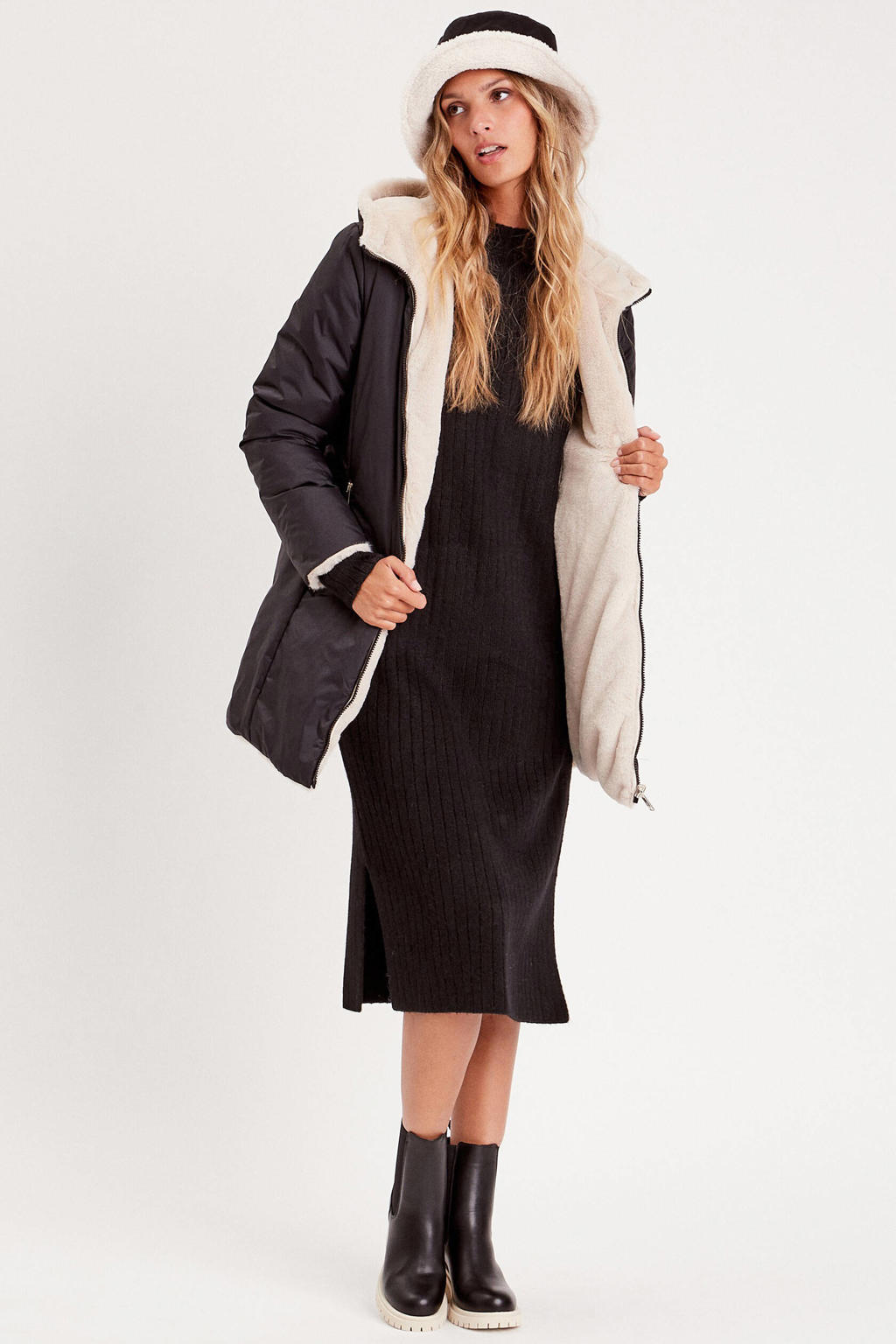 Zwarte dames Cache Cache reversible winterjas van polyamide met effen, lange mouwen, capuchon, ritssluiting en teddy detail