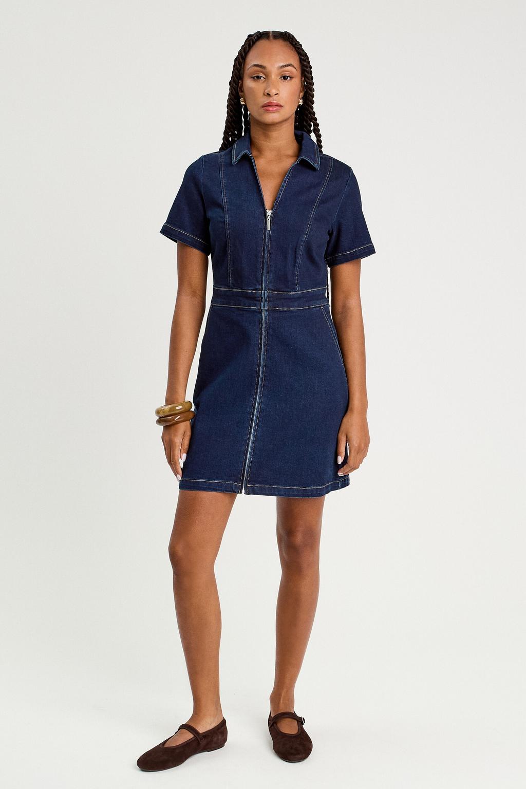 Dark blue denim dames Cache Cache spijkerjurk van denim met effen, korte mouwen, klassieke kraag en ritssluiting