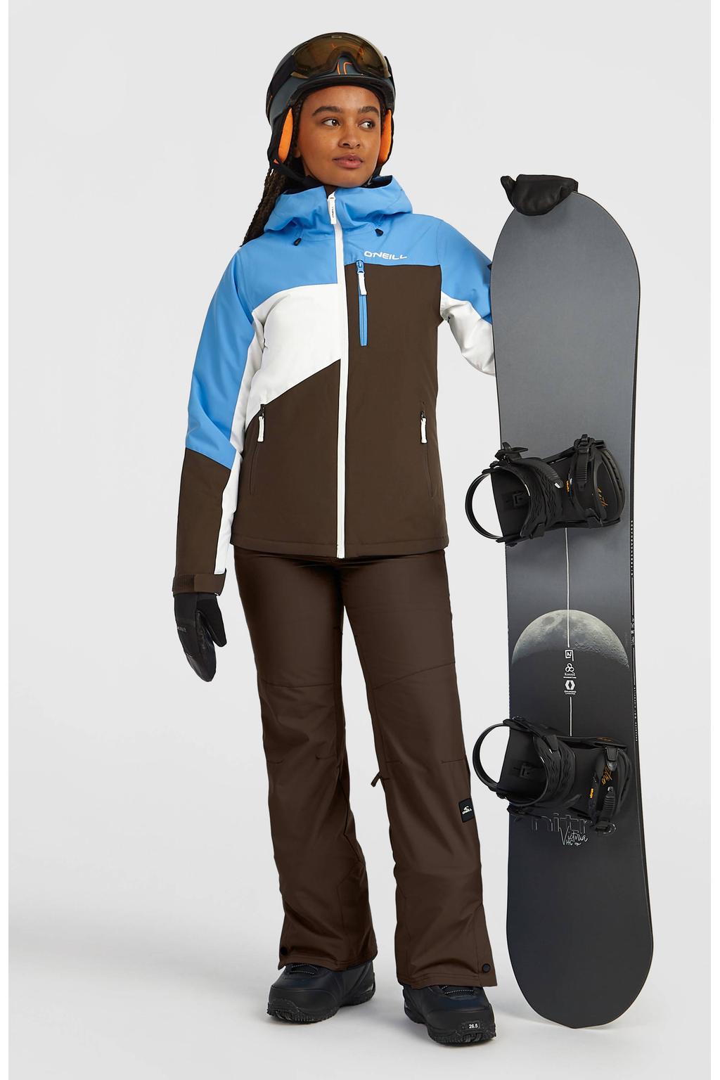 Blauw, bruin en ecru dames O'Neill ski-jas FWC'Cruz Triple van polyester met effen, capuchon en rits waterdicht