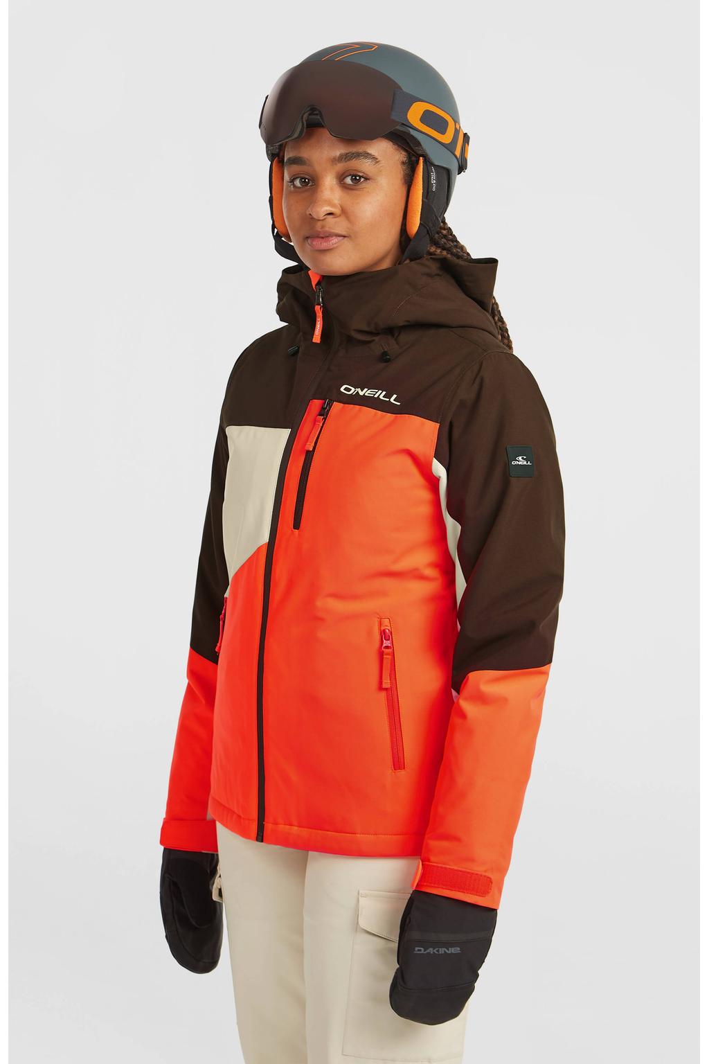 Donkerbruin, oranje en ecru dames O'Neill ski-jas FWC'Cruz Triple van polyester met effen, capuchon en rits waterdicht
