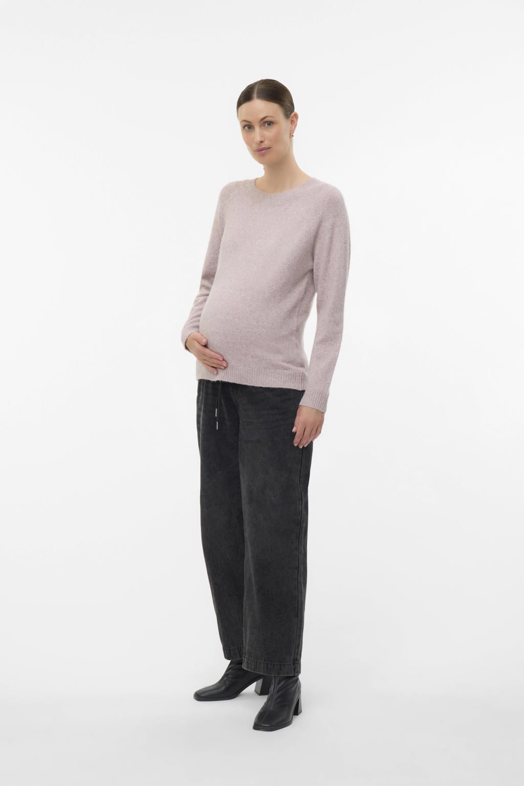 Beige dames VERO MODA MATERNITY zwangerschaps gebreide trui van polyester met effen, lange mouwen, ronde hals en beugel
