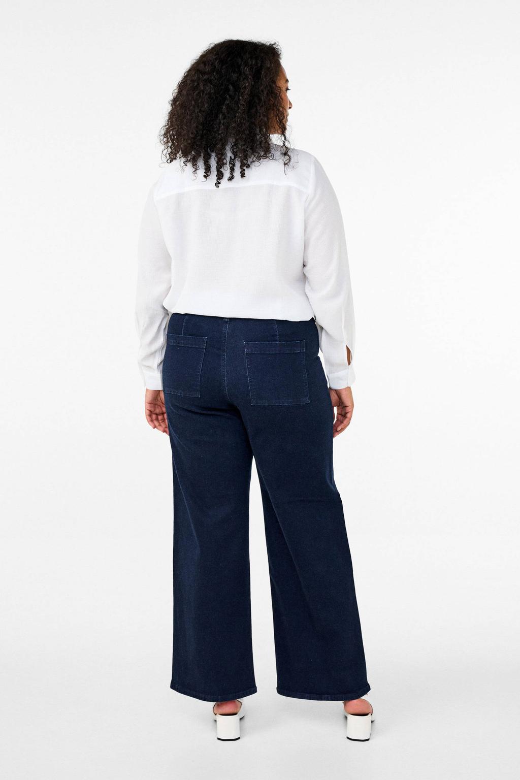 Dark blue denim dames Zizzi high waist wide leg jeans van stretchdenim met rits- en knoopsluiting en effen