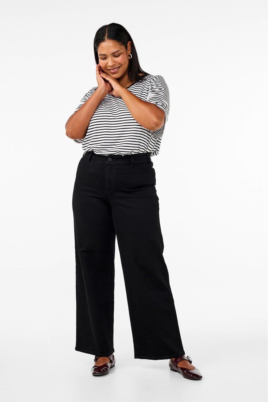 Black denim dames Zizzi high waist wide leg jeans van stretchdenim met rits- en knoopsluiting en effen