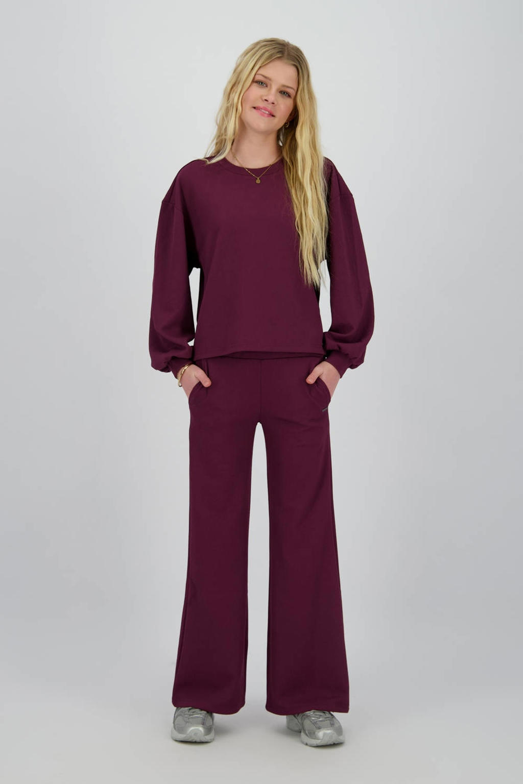 Donkerrode meisjes Raizzed blousetop van polyester met effen, lange mouwen, ronde hals en textuur