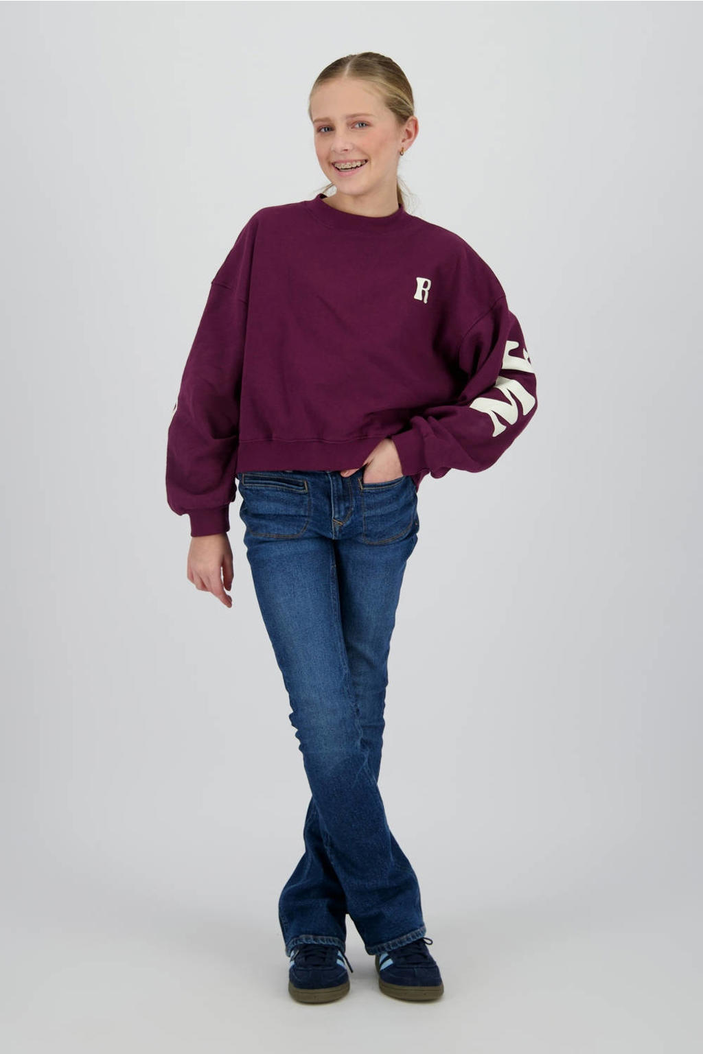 Donkerrode meisjes Raizzed sweater van katoen met backprint, lange mouwen, ronde hals en geribde boorden