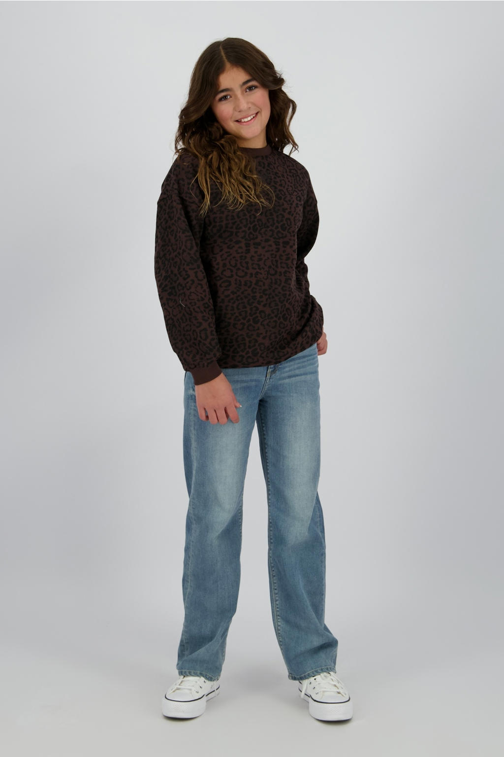 Zwart en bruine meisjes Raizzed sweater van stretchkatoen met dierenprint, lange mouwen, ronde hals en geribde boorden