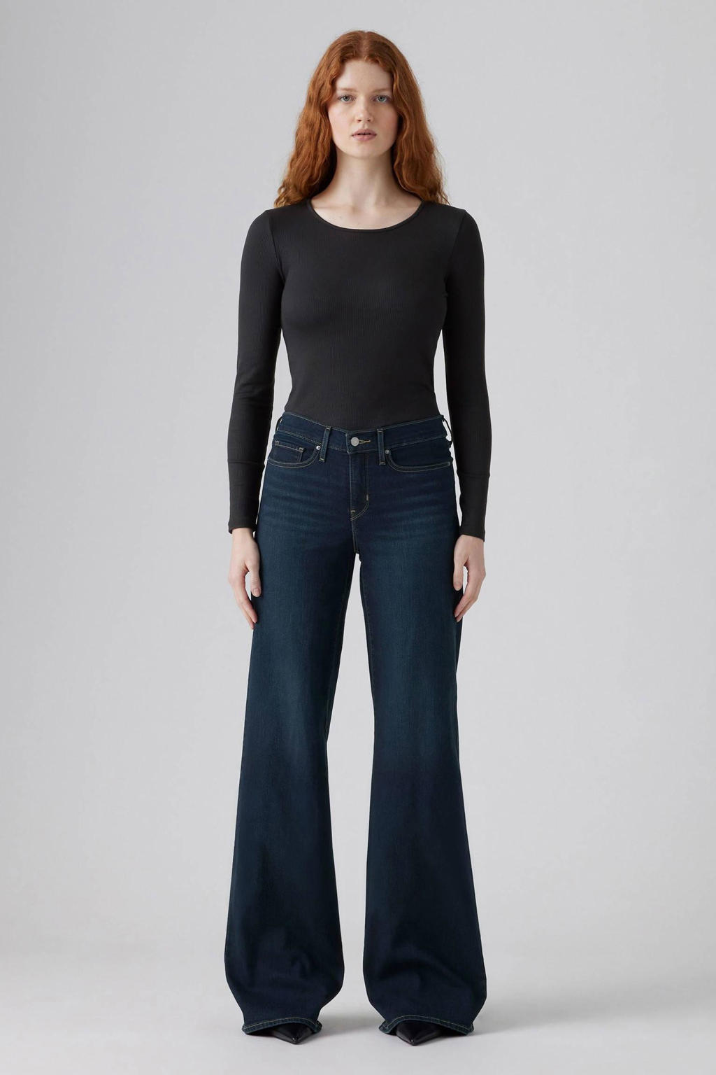 Dark blue denim dames Levi's mid waist wide leg jeans van denim met rits- en knoopsluiting en effen