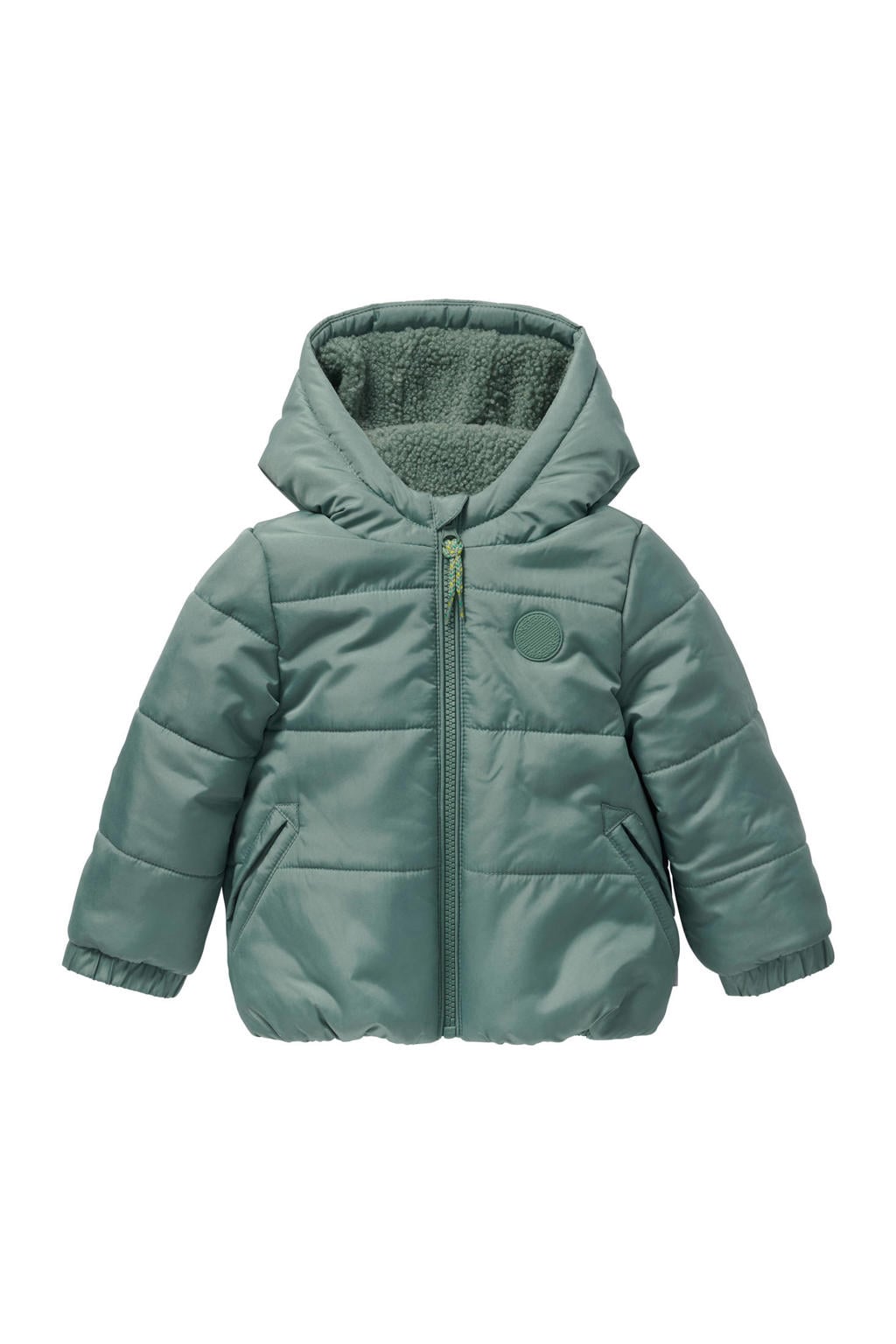 Groene jongens Noppies baby gewatteerde jas van polyester met effen, lange mouwen, capuchon, ritssluiting en doorgestikte details