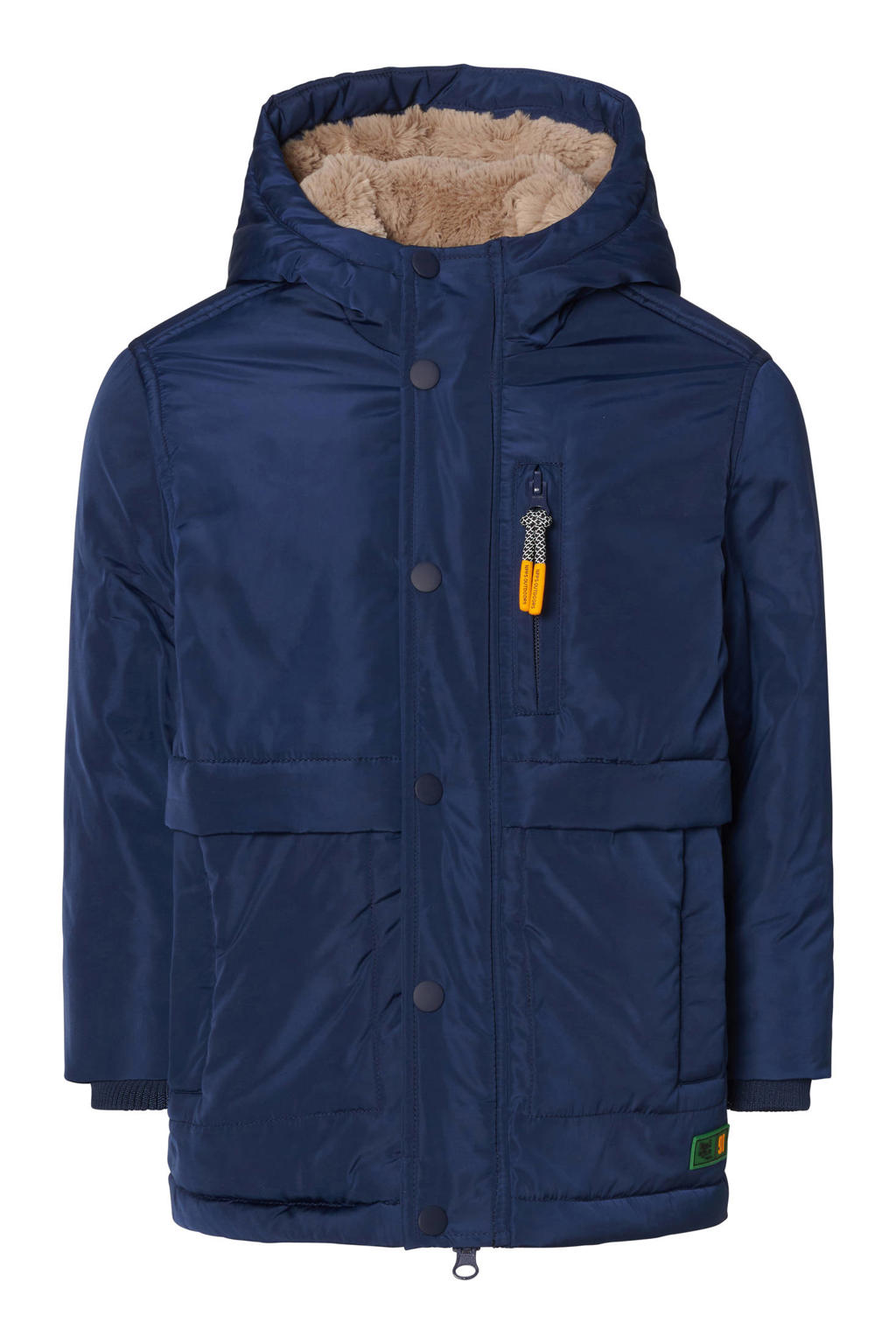 Blauwe jongens Noppies kids winterjas van polyester met effen, lange mouwen, capuchon, ritssluiting en reflecterende details