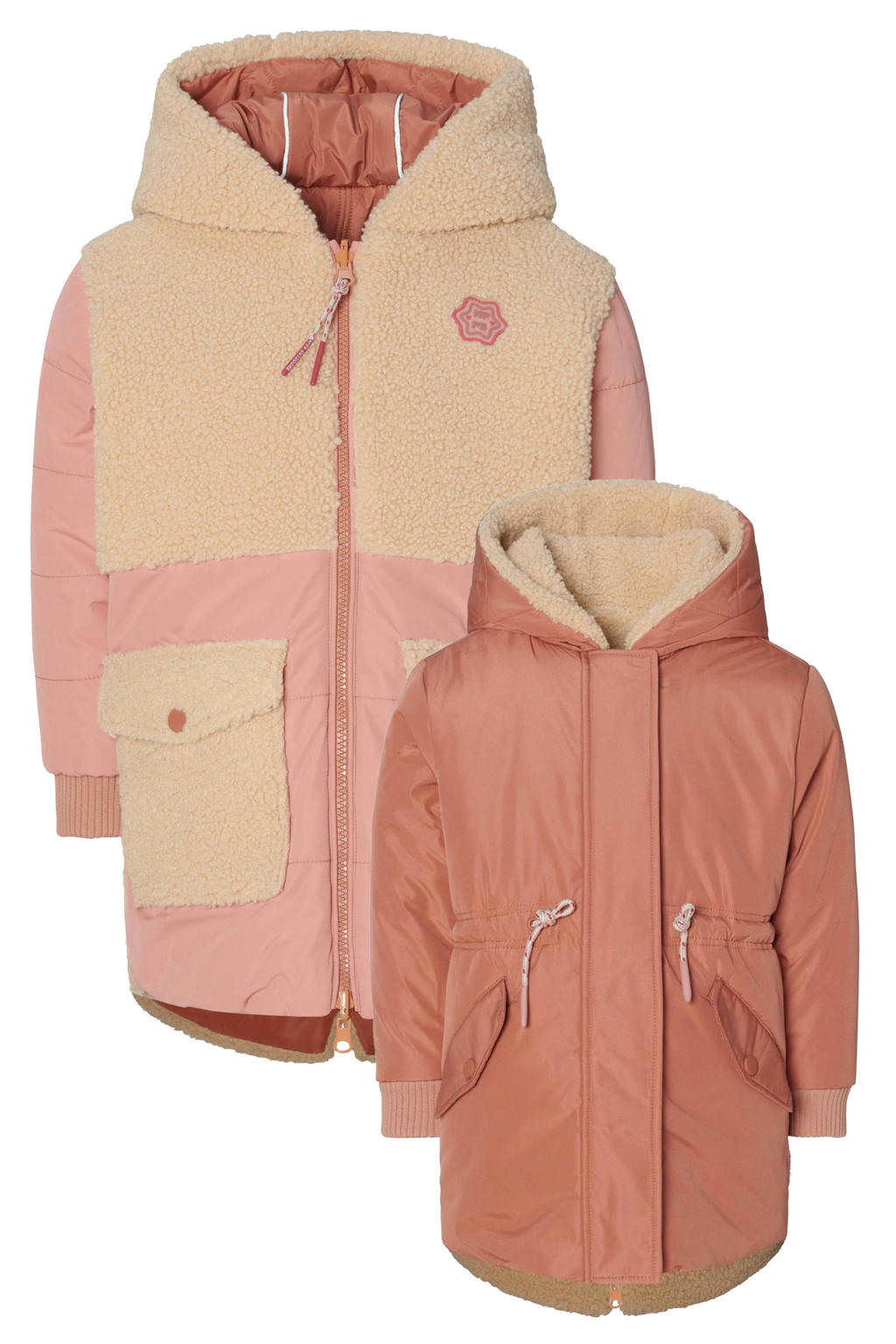 Roze en ecru meisjes Noppies kids reversible jas van teddy materiaal met meerkleurige print, lange mouwen, capuchon en ritssluiting