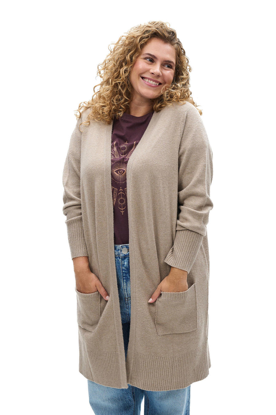 Geribd gebreid vest met zakken - Beige - Maat XL