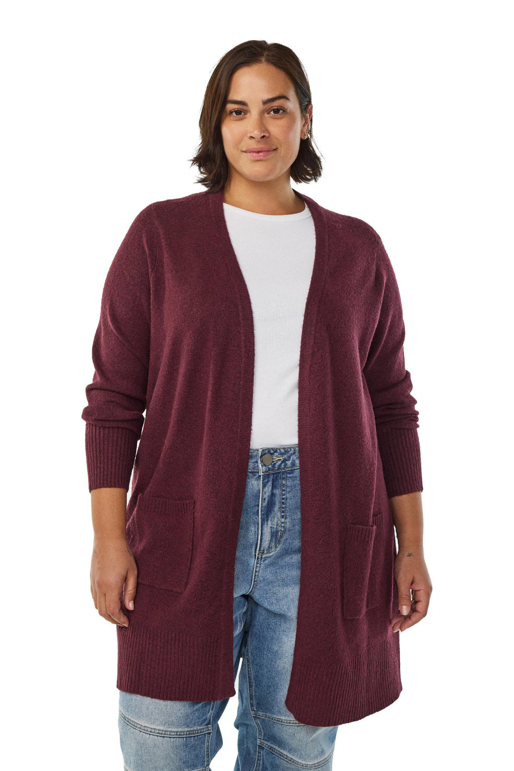 Rode dames Zizzi gebreid vest met effen, lange mouwen en openvallende hals