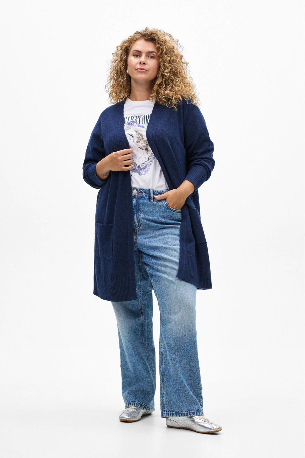 Blauwe dames Zizzi gebreid vest met effen, lange mouwen en openvallende hals