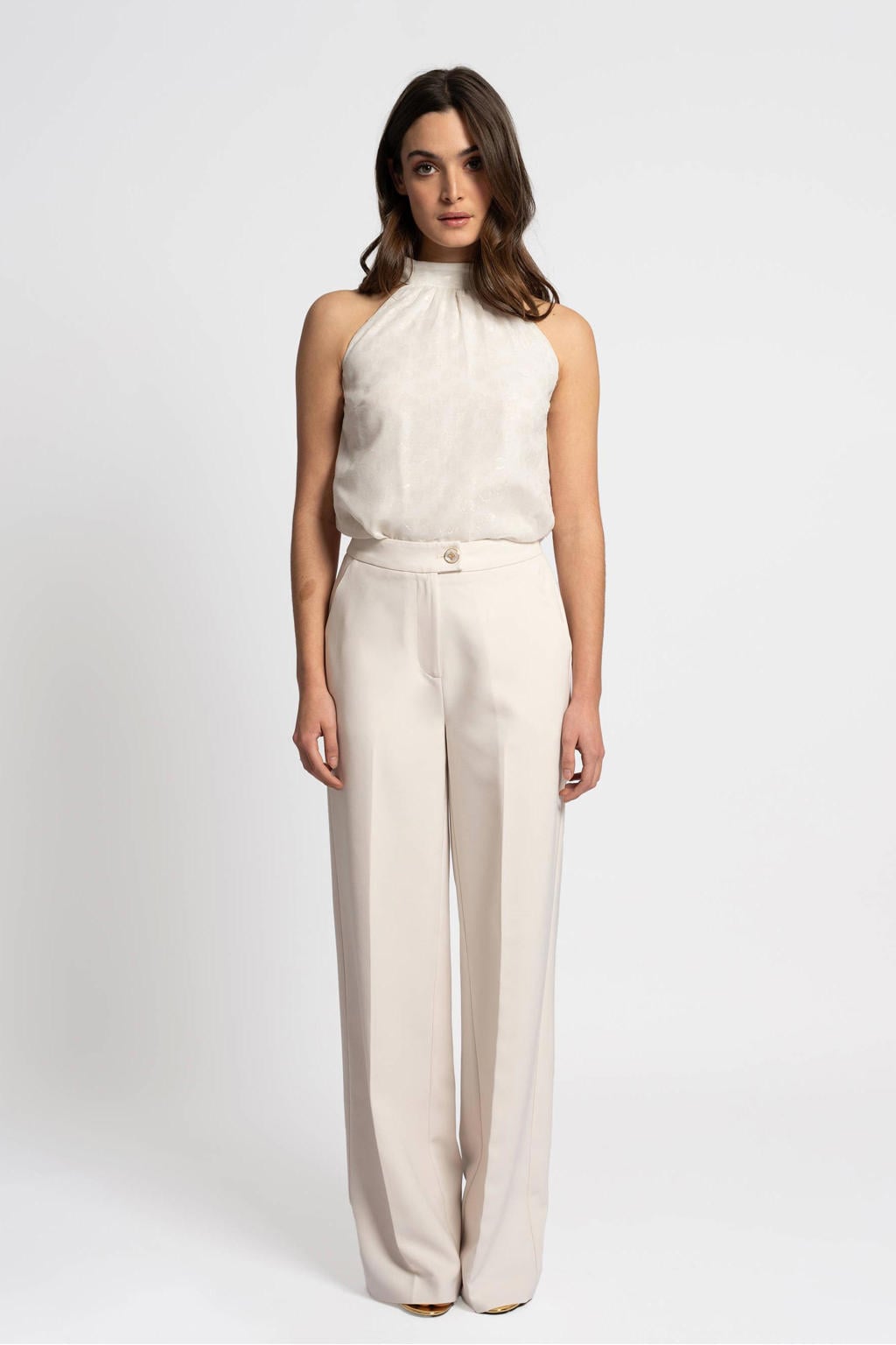 Crème dames NIKKIE straight high waist broek van polyester met rits- en knoopsluiting en effen