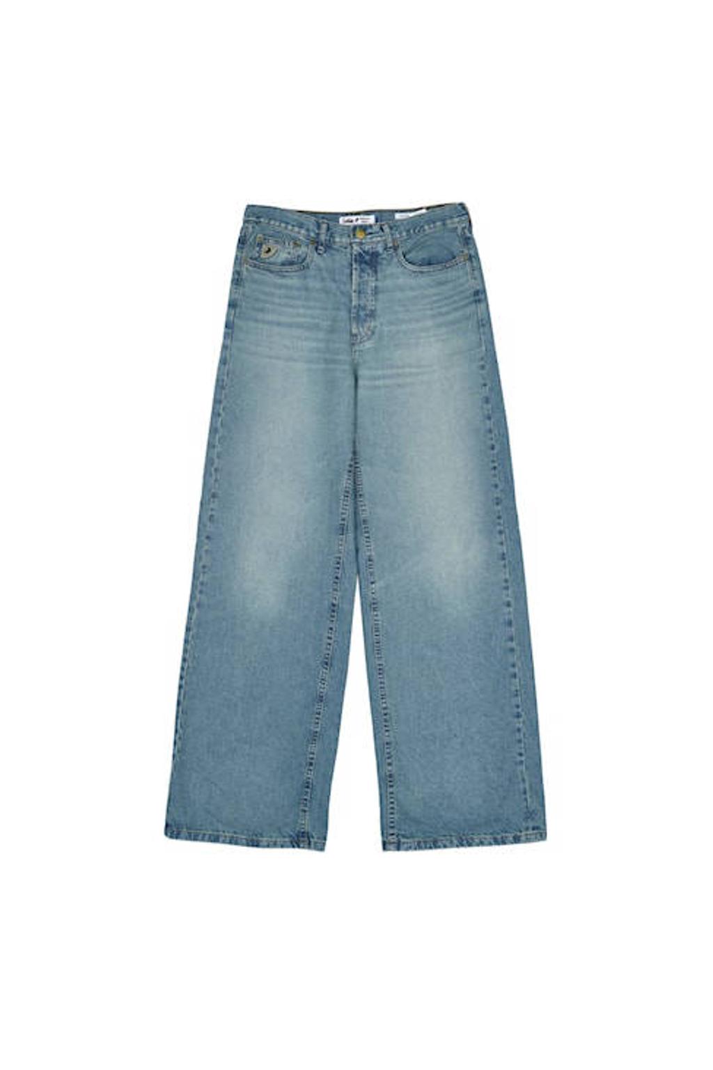Medium blue denim dames Lois high waist loose fit jeans van denim met effen