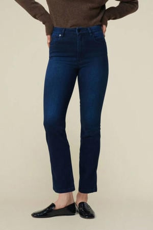 high waist straight leg jeans dark blue denim