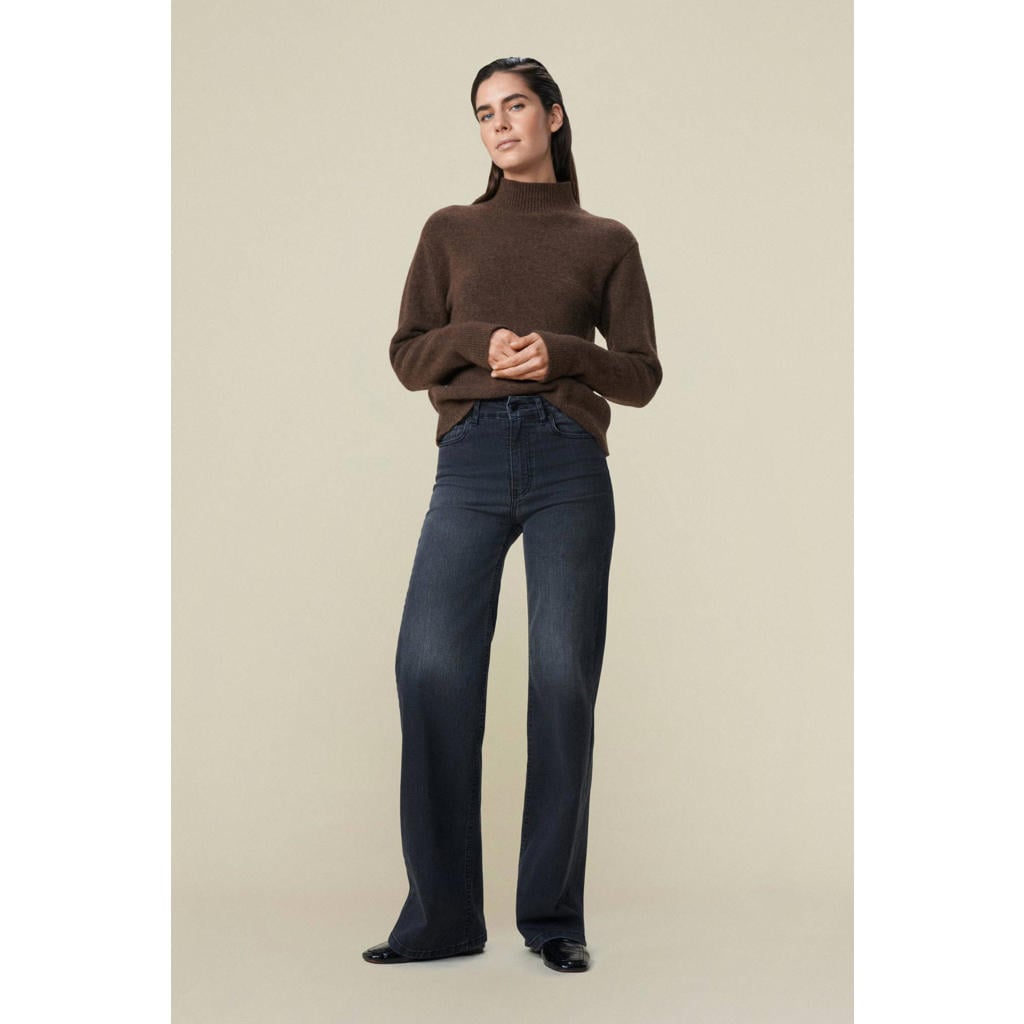 Black denim dames Lois high waist wide leg jeans black van denim met rits- en knoopsluiting en effen