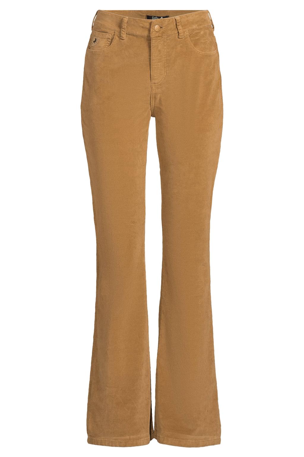 Camelkleurige dames Lois flared regular waist flared broek van katoen met rits- en knoopsluiting en effen
