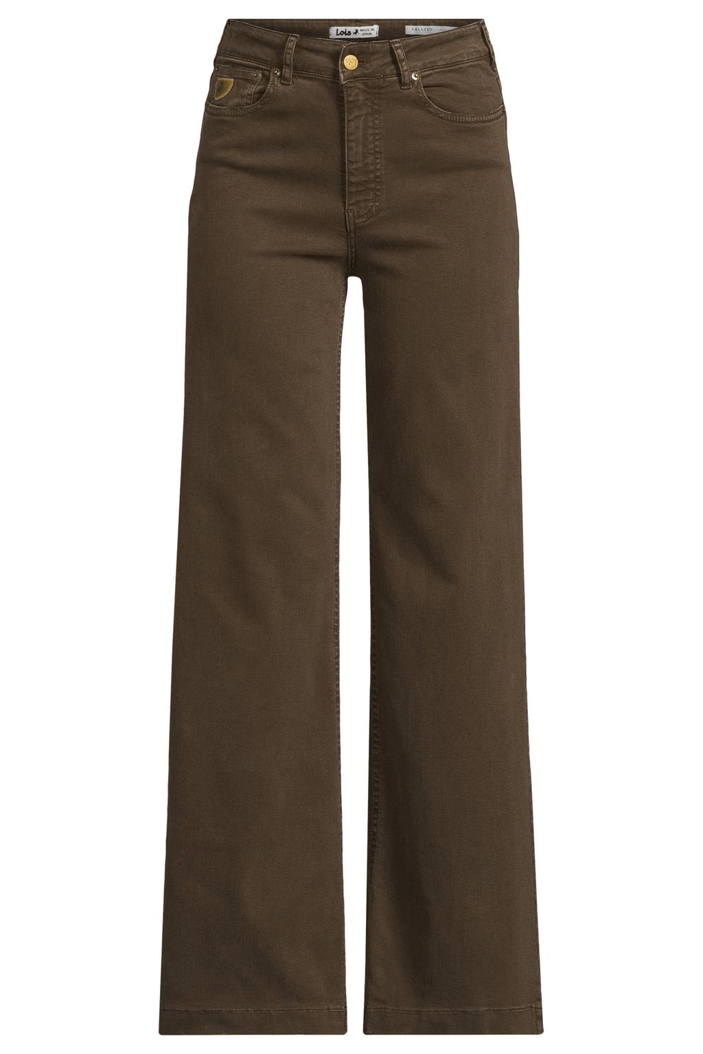 Donkergroene dames Lois high waist wide leg jeans van denim met rits- en knoopsluiting en effen