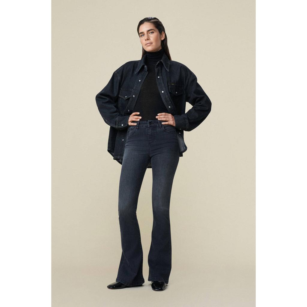 Black denim dames Lois high waist flared jeans black van denim met rits- en knoopsluiting en effen
