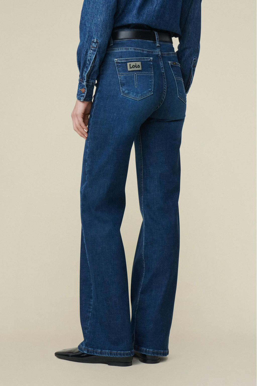 Dark blue denim dames Lois wide leg jeans dark blue van denim met rits- en knoopsluiting en effen