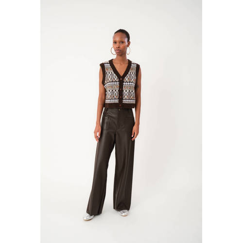 Lollys laundry imitatieleren wide leg high waist broek bruin afbeelding