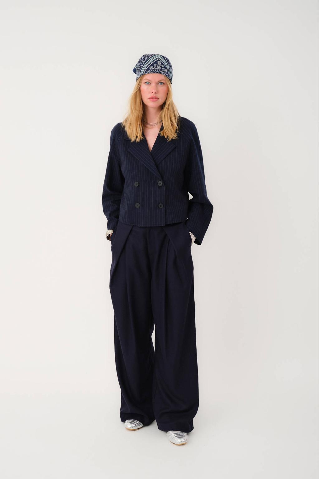 Blauwe dames Lollys Laundry wide leg regular waist pantalon met rits- en haaksluiting en effen