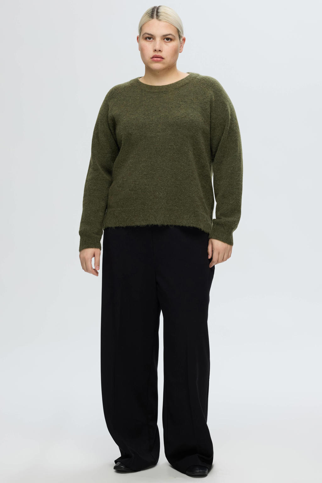 Groene dames SELECTED FEMME wollen gebreide trui met effen, lange mouwen en ronde hals