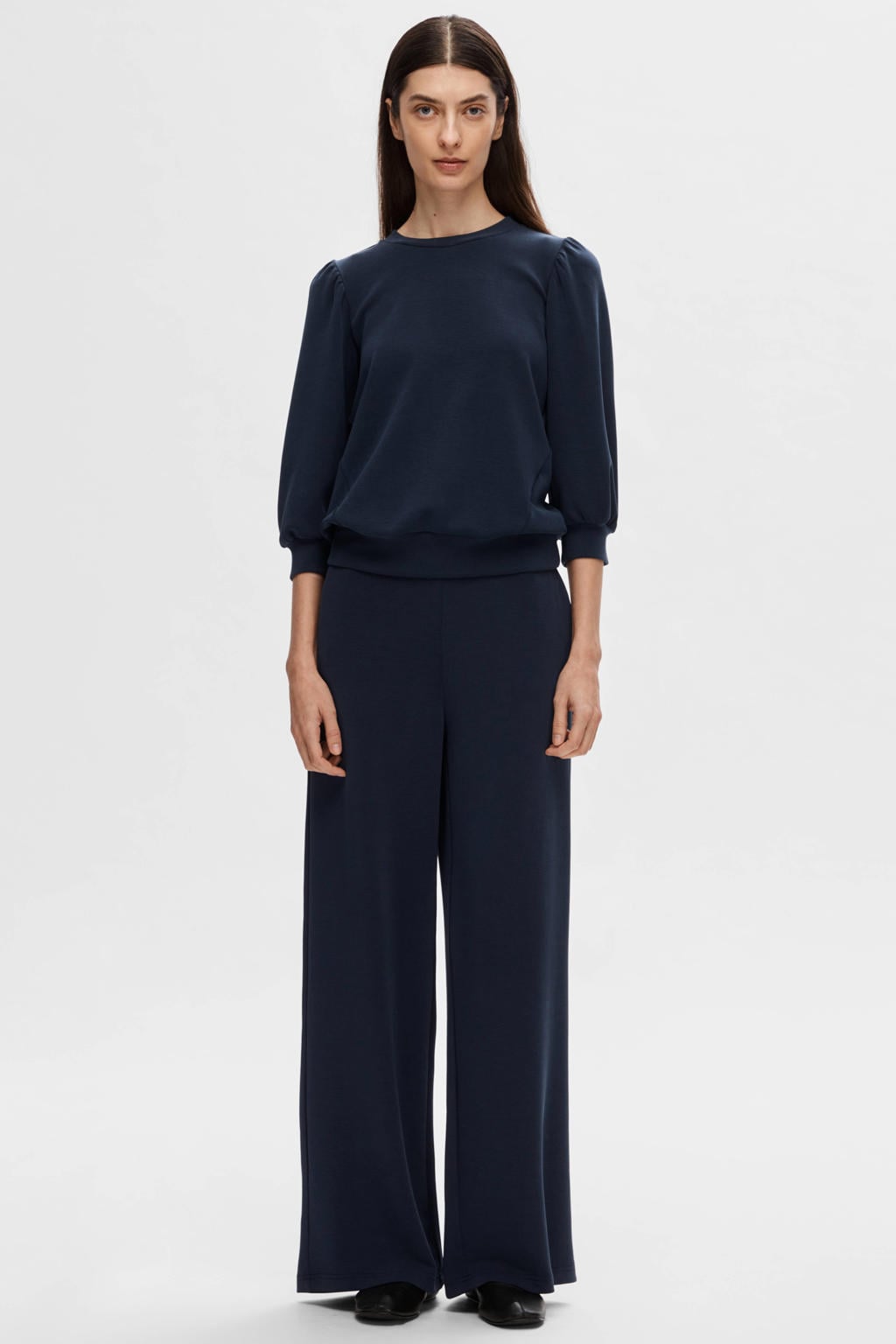 Donkerblauwe dames SELECTED FEMME sweater van modal met effen, driekwart mouwen, ronde hals en plooien
